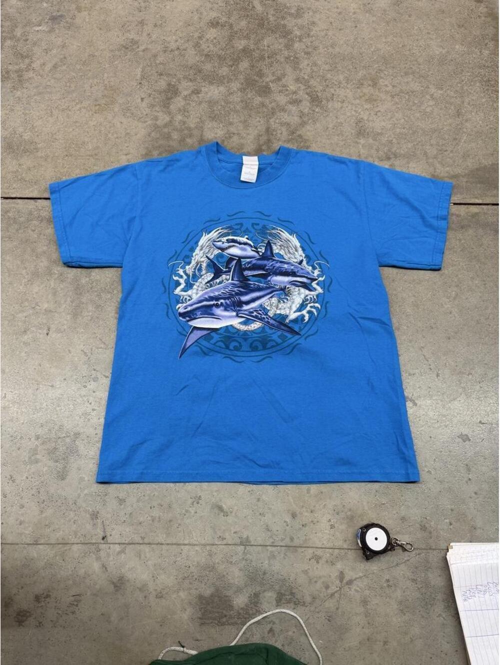 vintage shark tribal print blue destination art shirt size large
